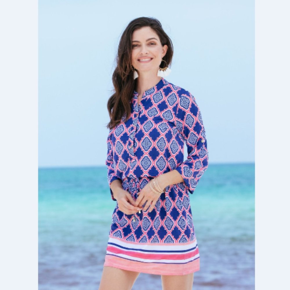 NWT CABANA LIFE UPF50 navy geo classic shirt dress